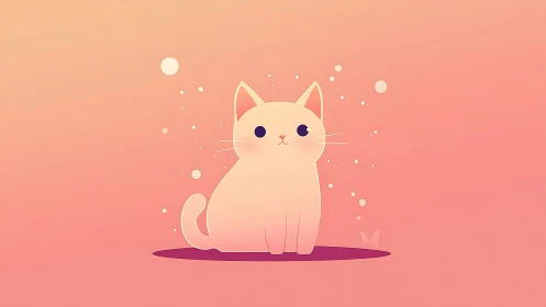 Illustration of Seated White Cat Against Gradient Pink Background