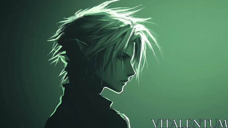Green lit anime boy in moody profile silhouette portrait.