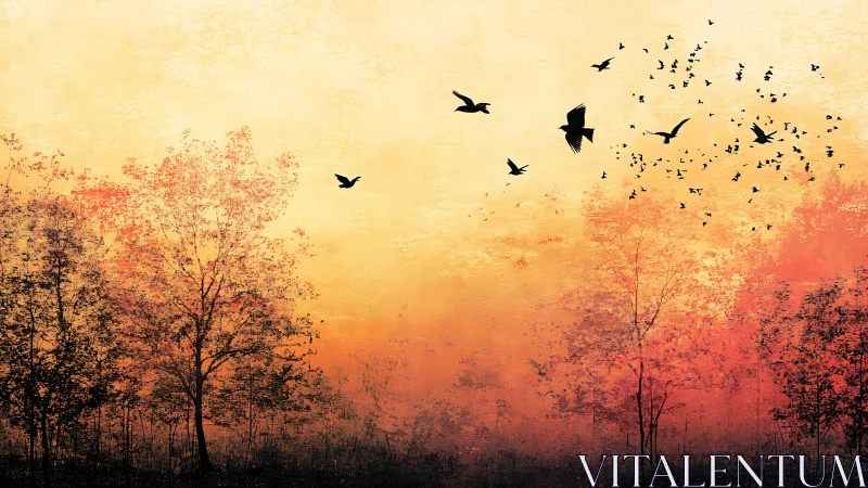 Silhouetted birds over autumn trees at vivid sunset sky.