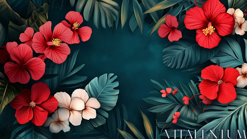 Radiant Red Hibiscus Blooms Dance Across Deep Teal Garden