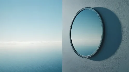 Circular mirror reflecting calm blue sea horizon scene.