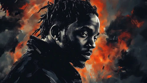 Brooding portrait ignites against burning abstract sky.