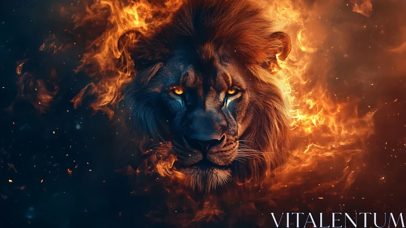 Lion head surrounded by swirling orange and blue flames.