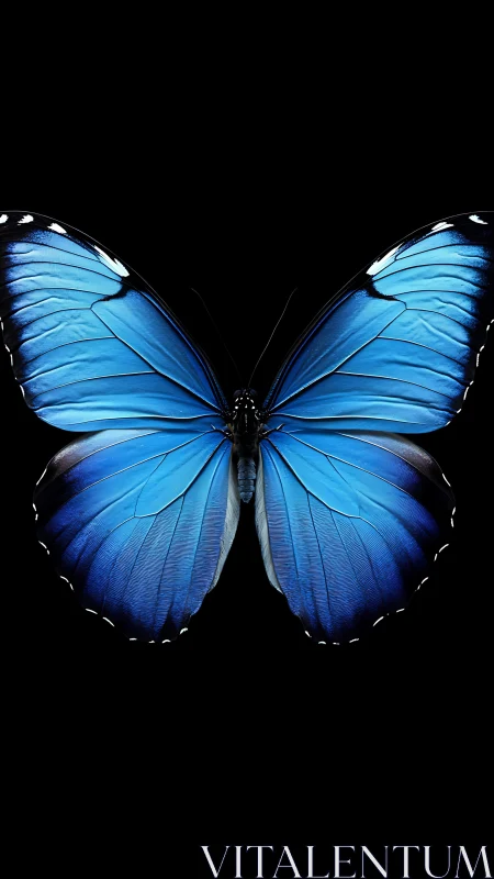 Bright blue butterfly resting in calm, velvety darkness.