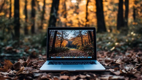 Laptop window doubles the forest, looping autumn into pixels