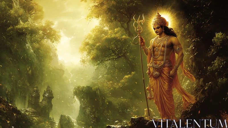 Divine warrior stands radiant above a misty forest valley