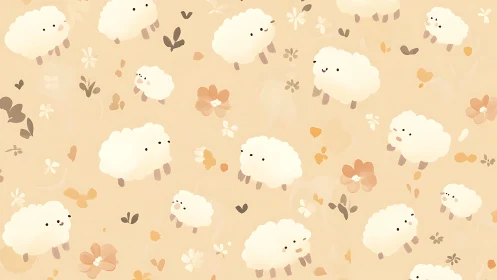 Kawaii sheep pattern with pastel floral distribution field.