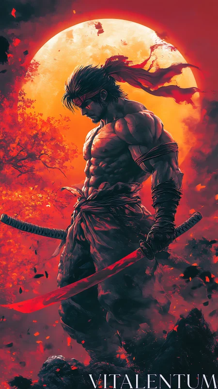 Solitary samurai silhouette under burning lunar backlight