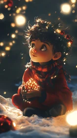Child in winter night holding glowing Christmas lights softly.