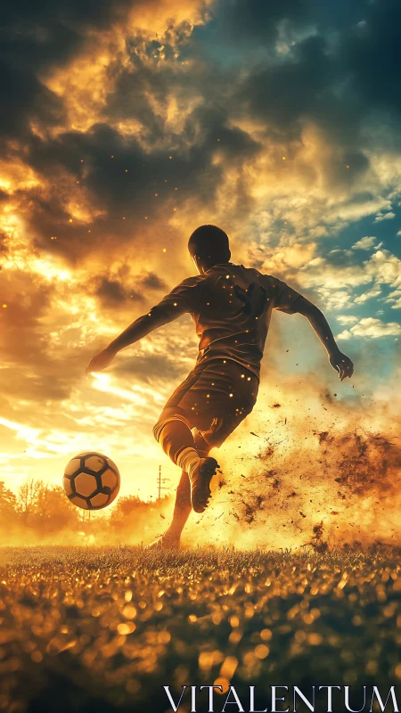 Sunlit soccer player sends a powerful kick into glowing sky