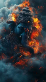 Ember crowned elephant deity rises through stormy smoke
