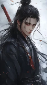 Storm-eyed swordsman in raven silks amid drifting embers.