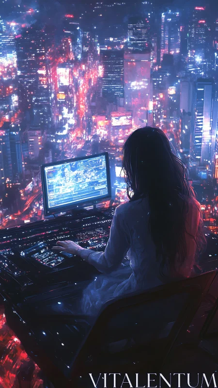 Solitary hacker commands neon city from elevated console.