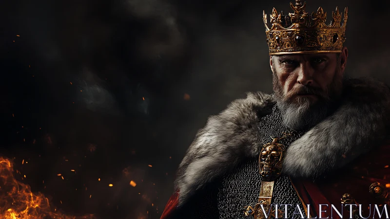 Medieval crowned ruler in armor with fur cloak, side-lit.