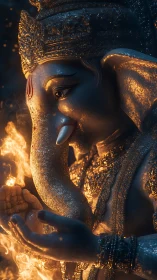 Golden Ganesha statue holding sacred fire in darkness.
