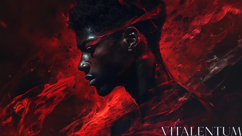 Digital portrait in red smoke with dramatic side profile.