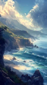 Sunlit cliffs and rolling waves along a quiet dream coast.