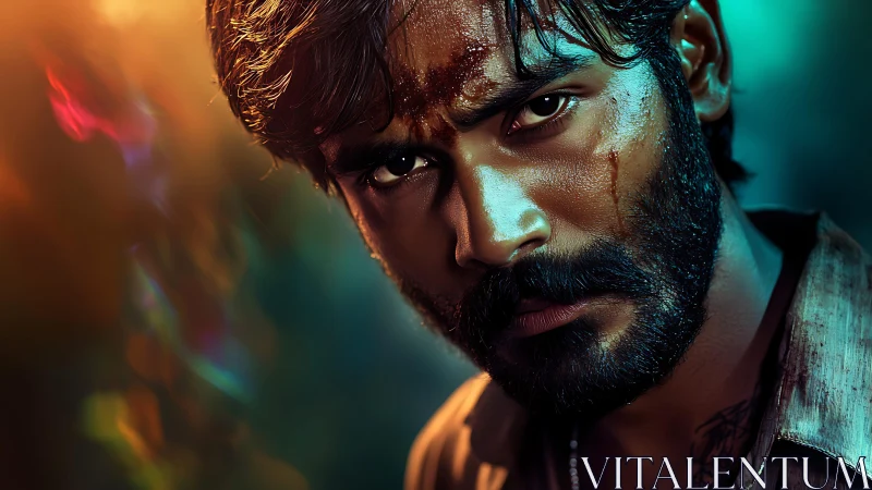 Intense bearded hero framed by moody cinematic lights.