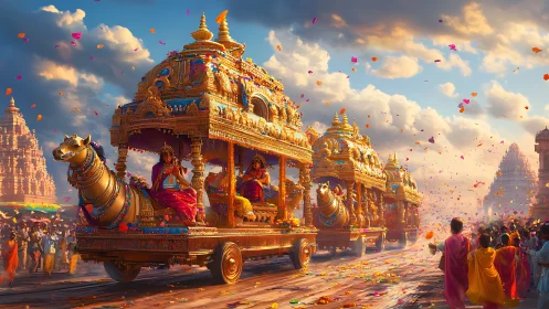 Digital temple chariot procession under falling petals.