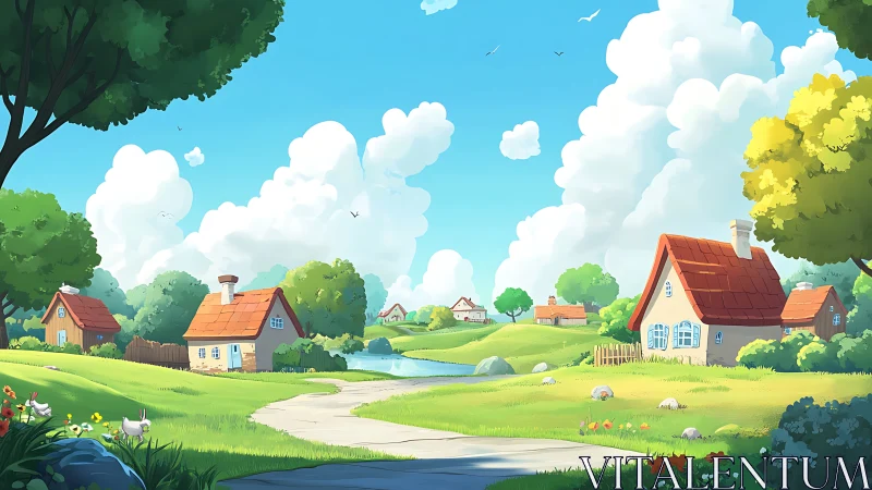 Digital pastoral village landscape with stylized cottages.