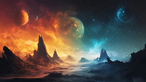 Alien twin landscape split by fiery and icy skies.