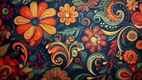 Ornamental Floral Pattern with Scrollwork on Dark Background