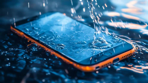 Waterproof smartphone absorbs direct splash in blue light.