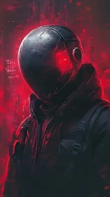 Helmed cyberpunk operative in red neon atmospheric haze.