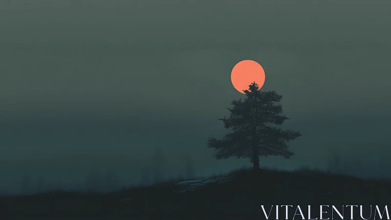 Lonely pine quietly pins a molten moon to misty twilight