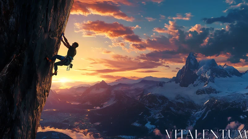 Sunlit climber ascends sheer cliff above glowing alpine peaks.