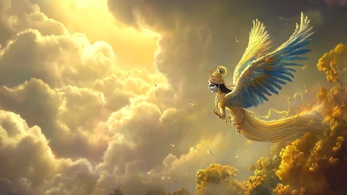 Mythic winged deity ascending through radiant cloud strata.
