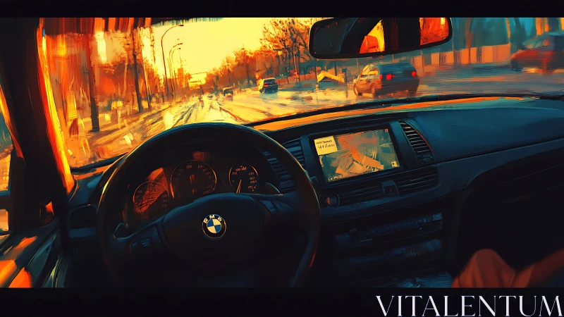 Driver’s cockpit view shows urban street through stylized windshield