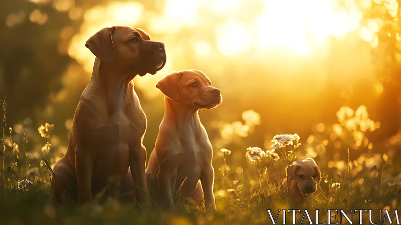 Boxer puppies in golden hour meadow light sit alert.