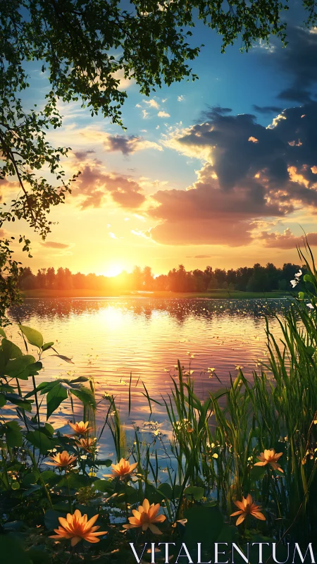 Sunlit lake margin captures floral foreground and glowing horizon