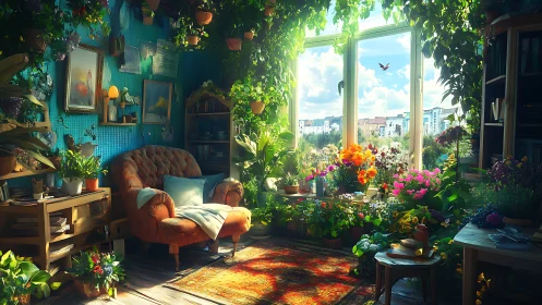 Sunlit indoor garden nook embraces cozy reading retreat.