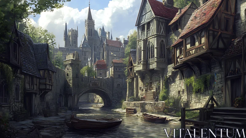 Medieval riverside town beneath towering stone castle.