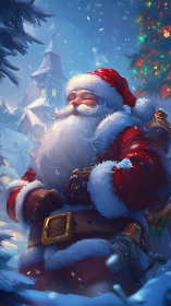 Santa Claus stands in snowy village with glowing tree