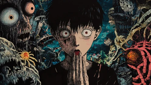 Shocked teen stands stunned amid surreal nightmarish creatures