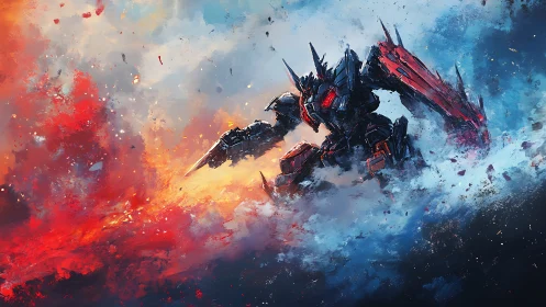 War mech charges through fire and ice battlefield storm.