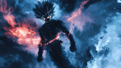 Fiery anime warrior walking through swirling stormlight.