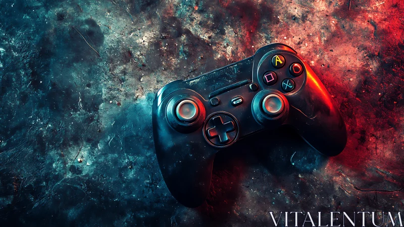 Gaming controller illuminated with neon red and cyan digital effects.