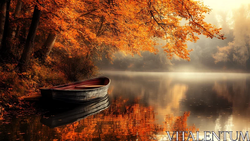 Rowboat on calm autumn lake under dense orange foliage.