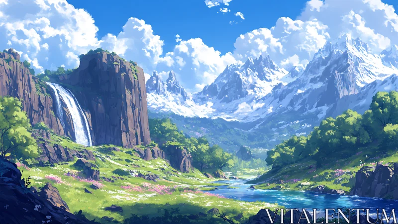 Digital painting landscape with alpine river and waterfall focus.