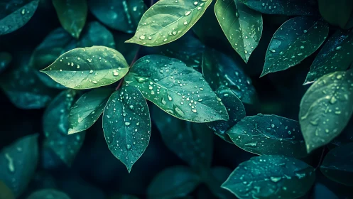 Macro botanical study of rain-kissed foliage in cool tones.