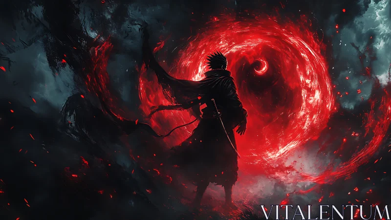 Backlit warrior confronts swirling red energy vortex in storm