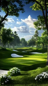 Tree-lined golf course fairway with sand bunkers under sky.