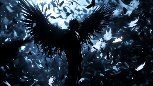 Midnight winged guardian rising through a storm of feathers.