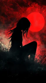 Silhouetted figure sits in grass before large red moon
