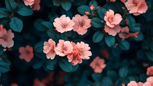 Pink garden roses with deep teal foliage displaying classic petal morphology.