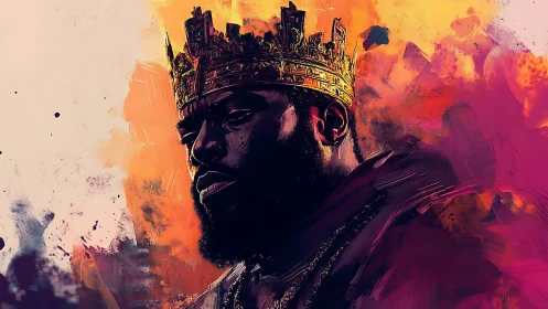 Side-profile portrait depicts crowned figure in saturated hues